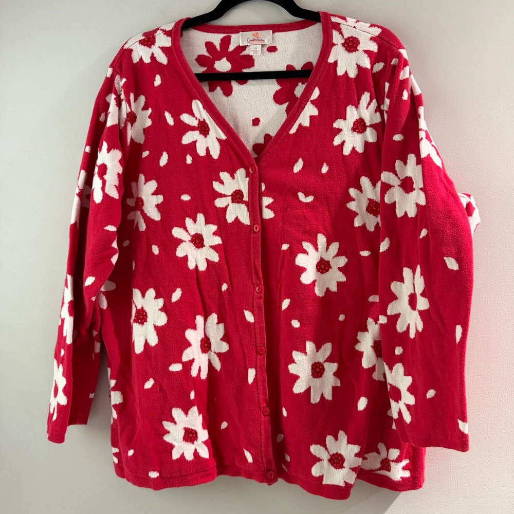 Quacker Factory Cardigan Womens 1X Red Daisy Floral Sequin Good V-Neck Cotton